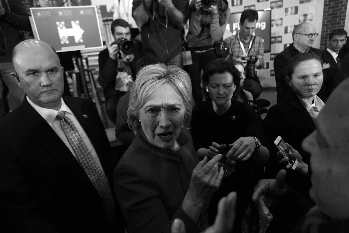 Hillary Clinton smiling at a 2016 campaign event in Des Moines, Iowa.