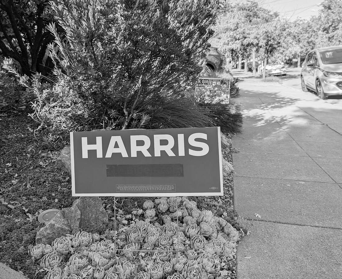 A Biden/Harris campaign yard sign with Biden’s name covered over, leaving only Harris.