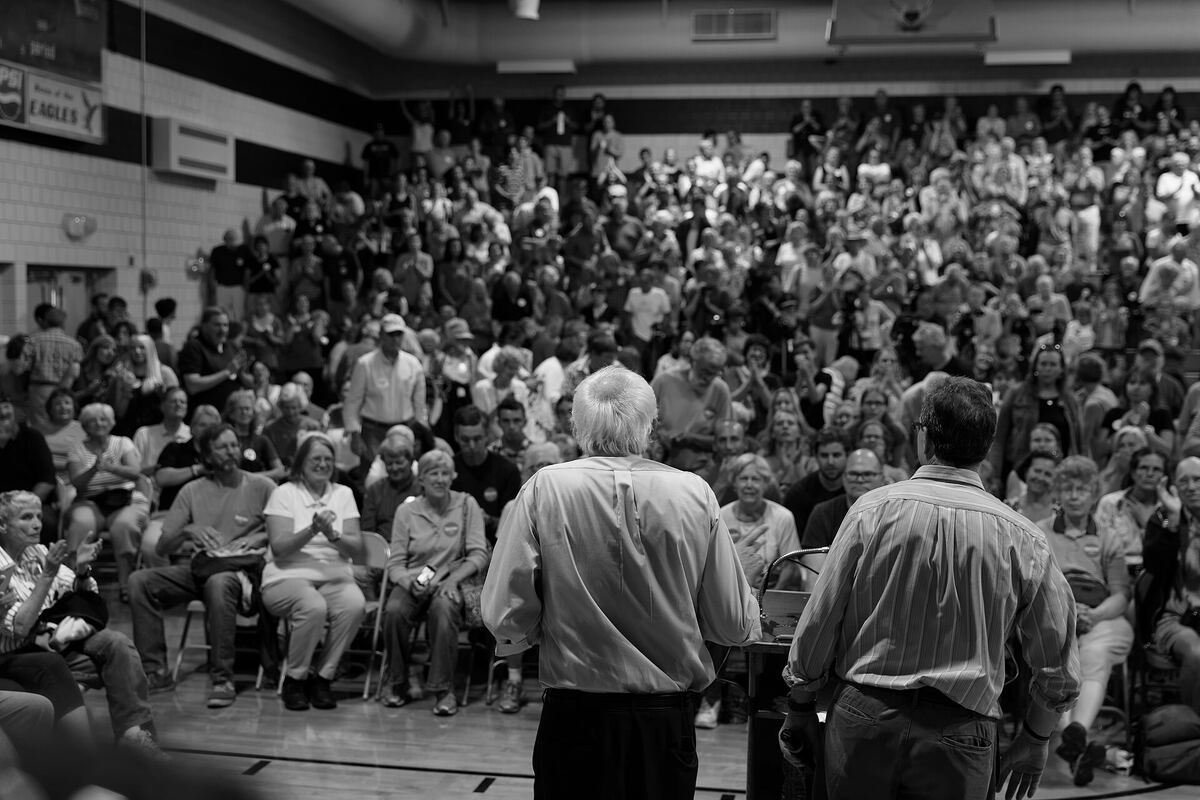 Bernie Sanders speaking before a large outdoor crowd in Conway, New Hampshire, 2015.
